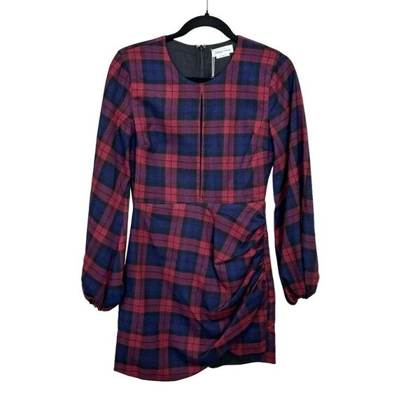NWT Lovers + Friends Liliana Plaid Long Sleeve Mini Dress Burgundy Blue Size XS - Picture 2 of 7